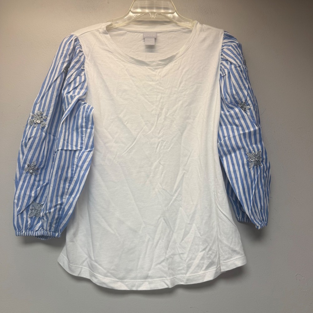 Chico's Mixed Media Top Womens M 1 White Blue Sequin Puff Sleeve Excellent 14454